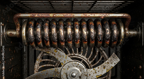 Grungy Rusty Industrial Mechanism Illustration with Heating Coil and Metal Fan