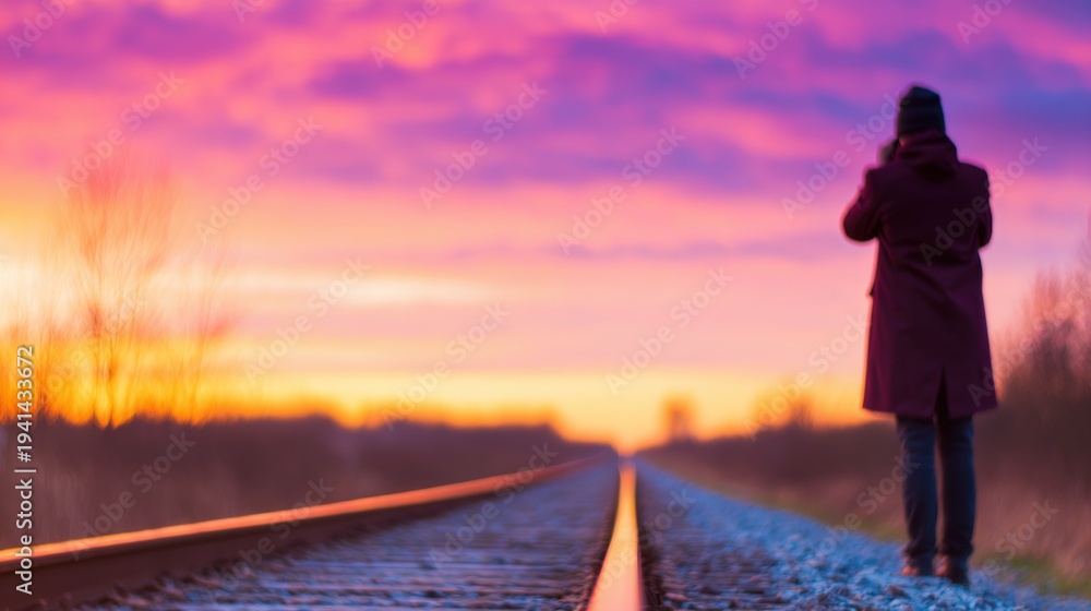 Fototapeta premium Person stands on railroad tracks at sunset while taking pictures in nature