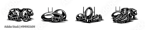 Black and white vector illustration of football equipment set silhouette design