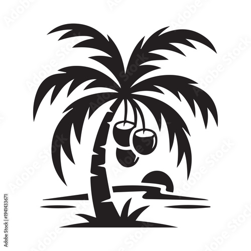 Tropical Palm Tree Silhouette with Coconuts Vector Design