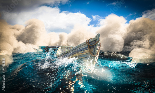 Photography Small wooden boat surviving fierce storm at sea 3d