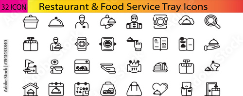 Tray Line Icon Set Restaurant & Food Service Linear Editable Stroke Vector Collection