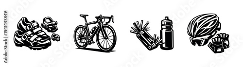 Black and white cycling gear set illustration with bicycle helmet gloves bottle