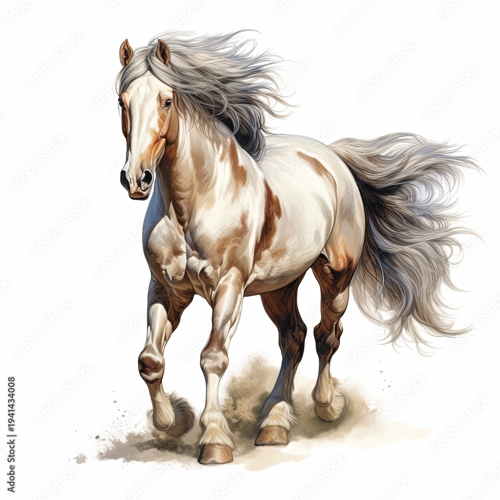 Obraz premium Majestic Pinto Horse Galloping with Flowing Mane and Tail on White Background, Isolated