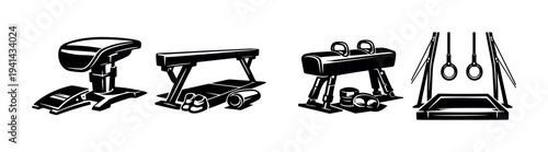 Black and white vector silhouette of gymnastics equipment set including pommel horse rings