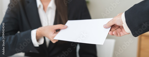 Good job, asian manager business giving financial reward in an envelope, business letter extra salary to company employee, woman worker office hand received premium bonus, getting cheque from her boss