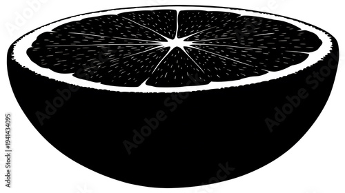 A monochrome image of a half-cut orange, with detailed segments. The bold contrast highlights the texture and form of the fruit