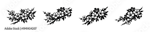 Black and white cherry blossom silhouette vector floral decoration set