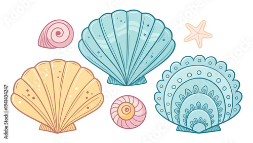 Colorful seashells and starfish vector illustrations set ocean elements for design pastel colors seashell shapes beach icons