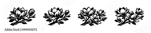 Black and white floral vector set of magnolia branch silhouettes for design
