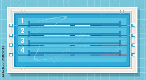 Overhead view of a swimming pool with lane dividers and numbered lanes on a blue background with a grid pattern.