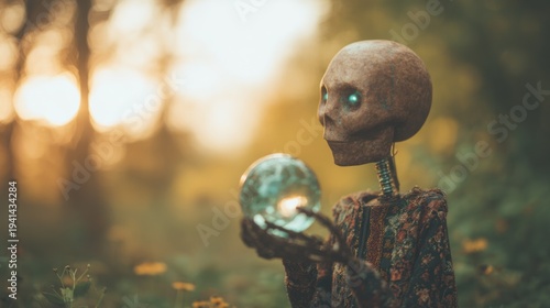 Skeleton holds crystal ball in forest during sunset hours