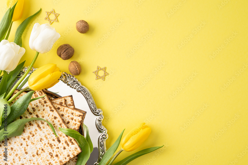 Obraz premium Bright vertical composition celebrating Happy Passover with matzah on a silver tray, yellow tulip accents, walnut and decorative Star of David on a sunny yellow background