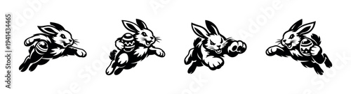 Black and white silhouette of four dynamic leaping rabbits in vector illustration