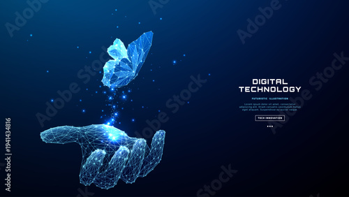 Digital butterfly emerges from hand against abstract tech background, symbolizing AI transformation and data-driven business innovation in modern network systems.