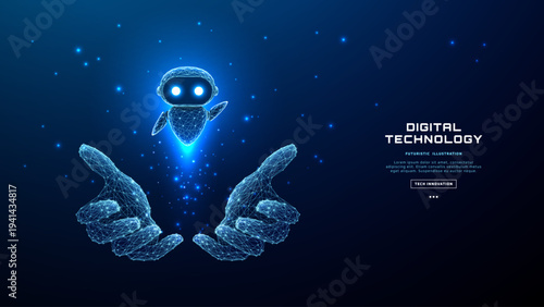 Digital low poly chatbot or robot flies under human tech hands. AI agent or assistant concept. Technology bot mascot. Futuristic vector illustration on dark blue background. Vector cute bot.