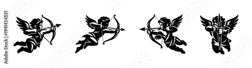 Silhouette vector of cupid with bow and arrow set in black and white