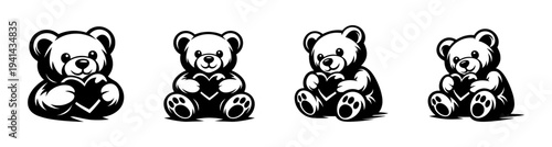Cute teddy bear illustration set in black and white holding hearts vector silhouette