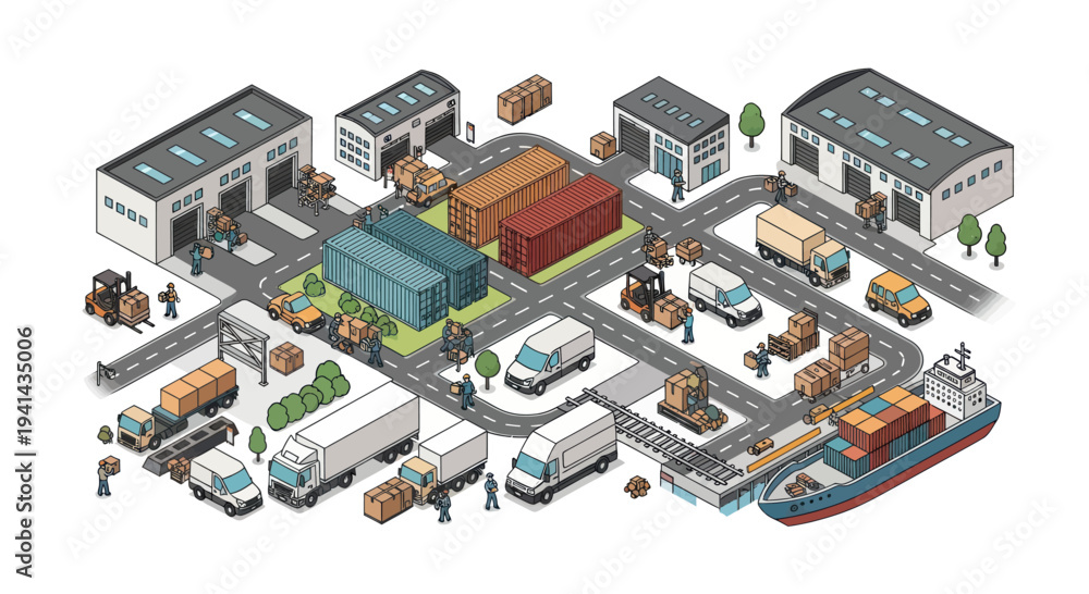 Obraz premium Isometric Logistics Hub with Trucks Ships and Warehouses.