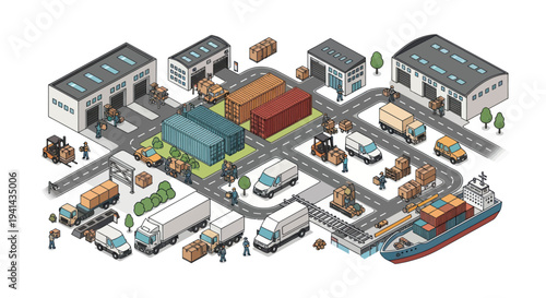 Isometric Logistics Hub with Trucks Ships and Warehouses.