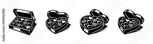 Heart shaped chocolate boxes vector set with black and white illustrations