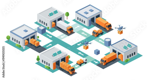 Isometric Logistics Network with Warehouses and Delivery Trucks.