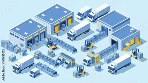 Isometric logistics warehouse with trucks and forklifts.
