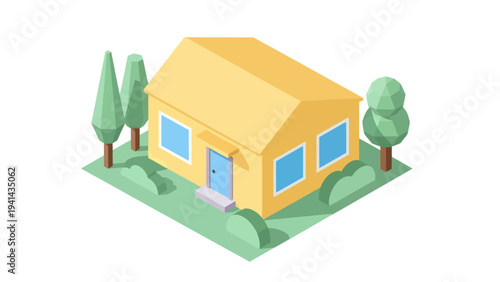 Isometric Low Poly House with Trees on a Green Lawn.