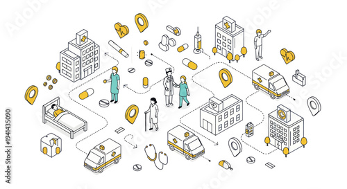 Isometric Medical Care Network with Hospitals and Ambulances.