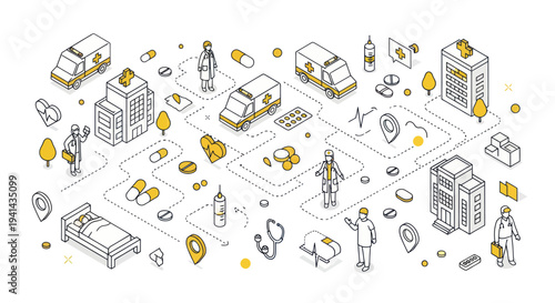 Isometric Medical Healthcare System with Doctors and Ambulances.