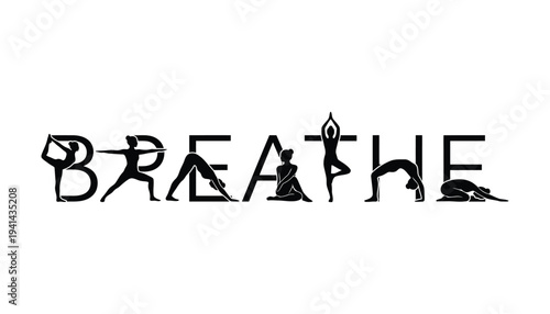 A black and white image with the word breathe