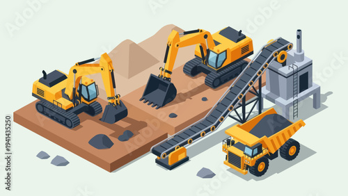 Isometric Mining Quarry with Heavy Machinery and Conveyor Belt.