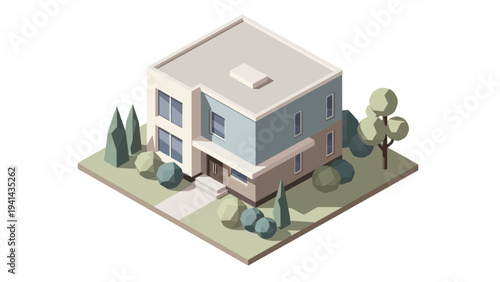 Isometric Modern House with Garden and Trees on White Background.
