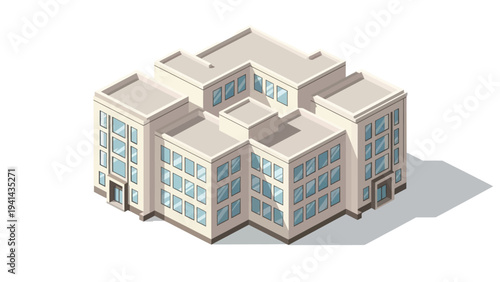 Isometric modern office building with multiple floors and large windows.