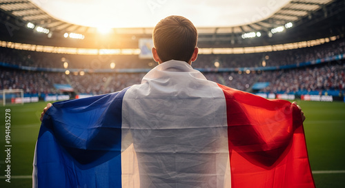 world cup supporter French, Rear view of a young male fan with a large French flag draped over his shoulders, standing in a massive packed stadium at golden hour sunset