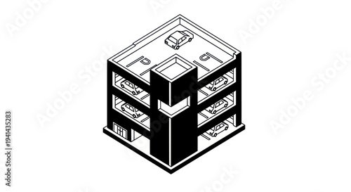Isometric Multi-Story Parking Garage Building Illustration.