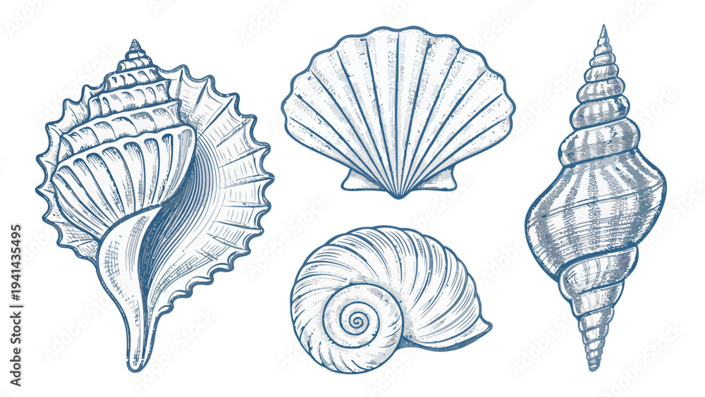 Fototapeta premium Four seashells line drawing vector illustration set including conch scallop and spiral shells on white background for design