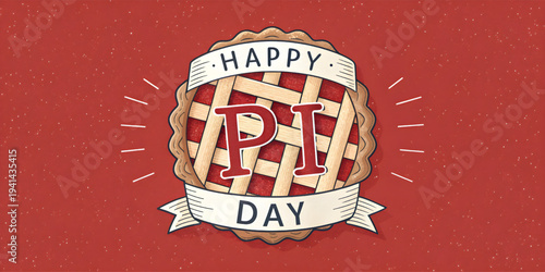 Retro style Happy Pi Day badge illustration on red background, festive mathematics celebration design