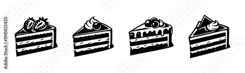 Black and white cake slice illustrations set featuring delicious dessert designs