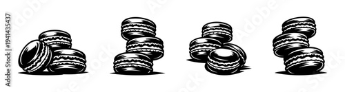 Black and white vector illustration of french macarons in various arrangements