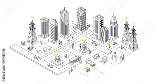 Isometric Smart City Sketch with Modern Buildings and Infrastructure.