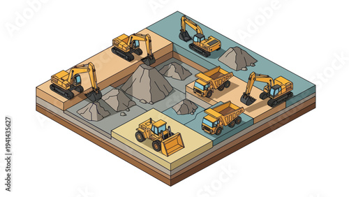 Isometric view of a busy construction site with various heavy machinery at work.