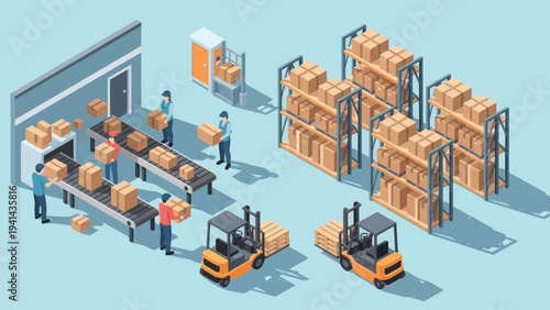 Isometric view of a busy warehouse with workers, forklifts, and conveyor belts handling packages.