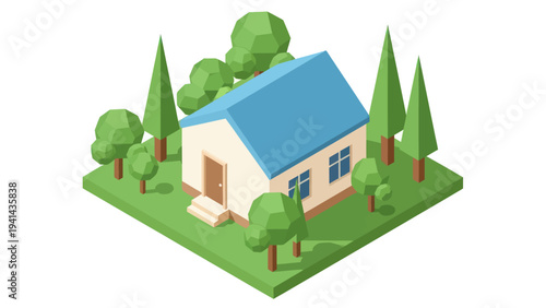Isometric view of a charming small house surrounded by lush green trees.