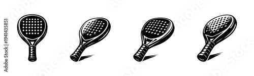 Black and white paddle tennis racket silhouette vector set illustration