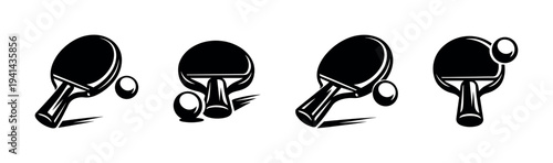 Black and white table tennis racket and ball silhouettes set vector illustration