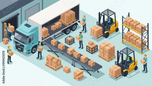 Isometric view of a busy warehouse with workers loading and unloading goods.