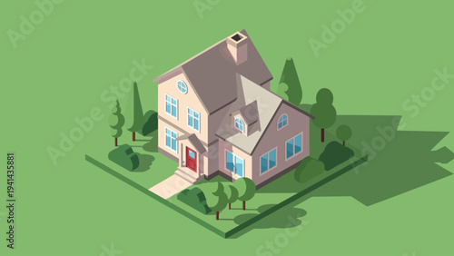 Isometric View of a Charming Suburban House with Greenery.