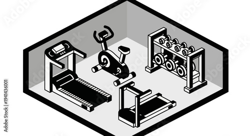Isometric view of a home gym with various exercise equipment.