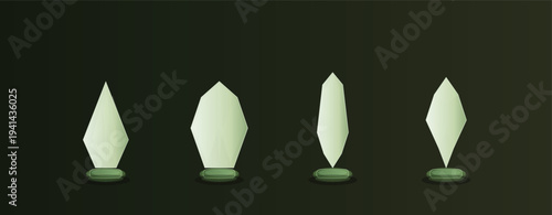 Four stylized light green crystalline award trophies with unique geometric forms stand on dark circular bases